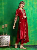 Thread & Sequined Embroidered Velvet Kurta With Pant & Embroidered Dupatta, Maroon - Hiral Fashion | Grocsy