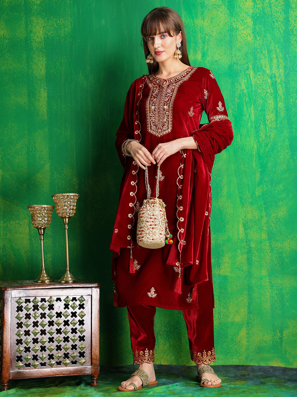 Thread & Sequined Embroidered Velvet Kurta With Pant & Embroidered Dupatta, Maroon - Hiral Fashion | Grocsy