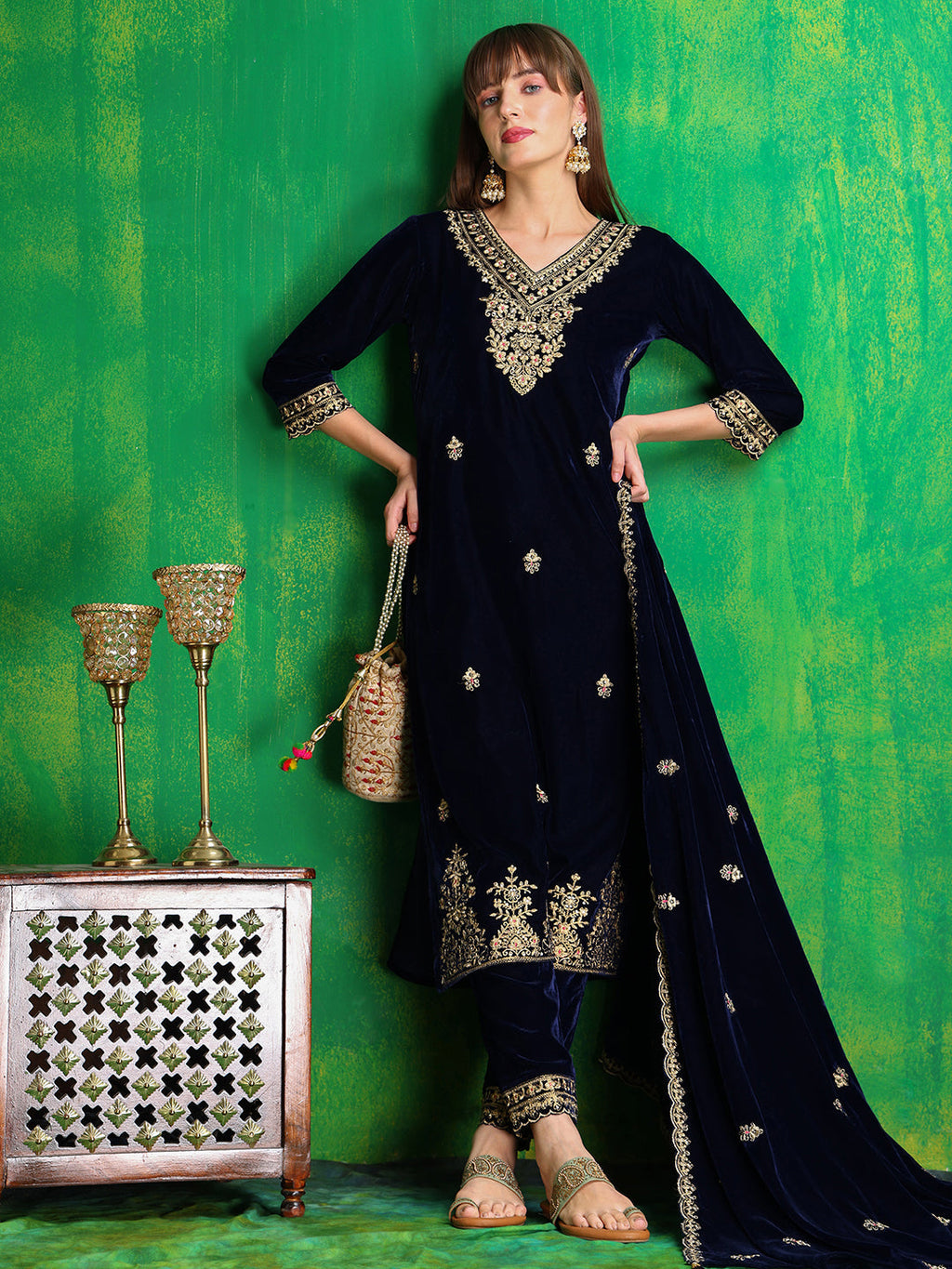 Velvet Embroidered Kurta With Pant & Embroidered Velvet Dupatta, Navy Blue - Hiral Fashion | Grocsy