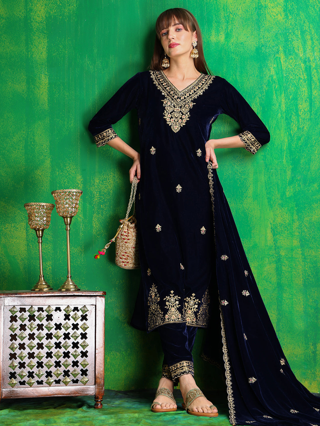 Velvet Embroidered Kurta With Pant & Embroidered Velvet Dupatta, Navy Blue - Hiral Fashion | Grocsy