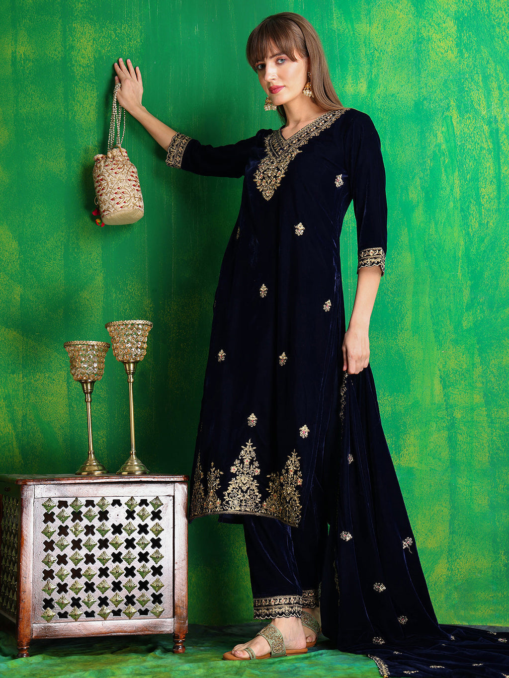 Velvet Embroidered Kurta With Pant & Embroidered Velvet Dupatta, Navy Blue - Hiral Fashion | Grocsy