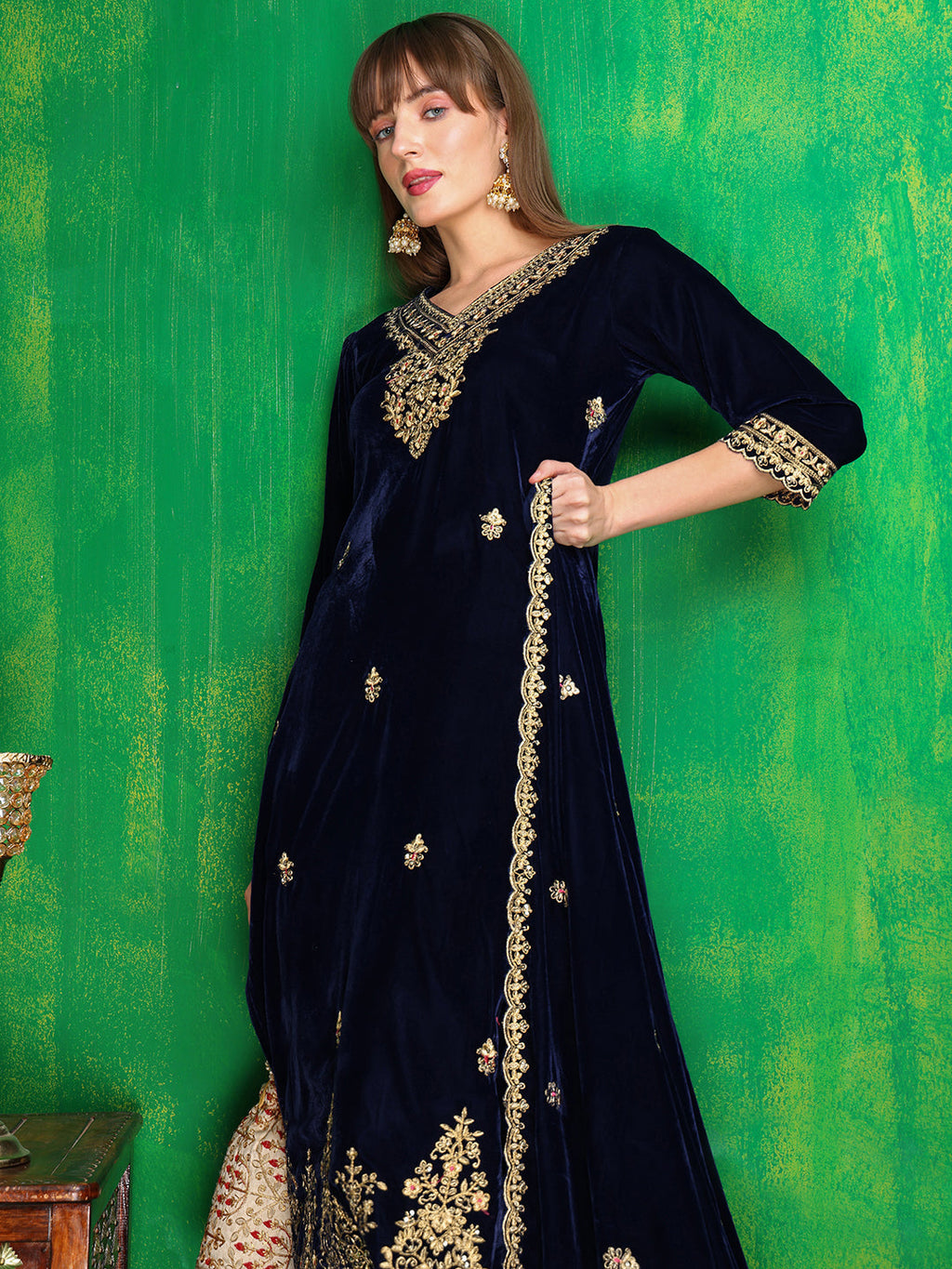 Velvet Embroidered Kurta With Pant & Embroidered Velvet Dupatta, Navy Blue - Hiral Fashion | Grocsy