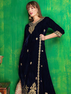 Velvet Embroidered Kurta With Pant & Embroidered Velvet Dupatta, Navy Blue - Hiral Fashion | Grocsy