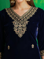 Velvet Embroidered Kurta With Pant & Embroidered Velvet Dupatta, Navy Blue - Hiral Fashion | Grocsy