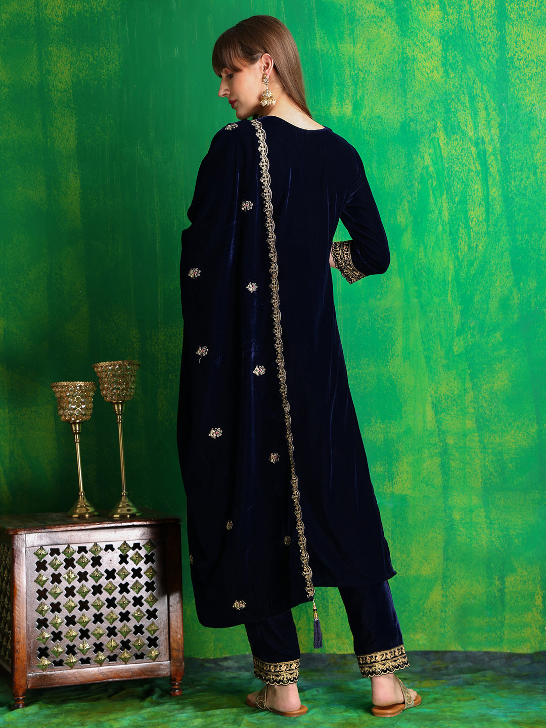 Velvet Embroidered Kurta With Pant & Embroidered Velvet Dupatta, Navy Blue - Hiral Fashion | Grocsy