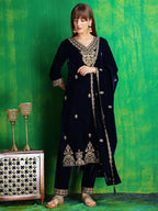 Velvet Embroidered Kurta With Pant & Embroidered Velvet Dupatta, Navy Blue - Hiral Fashion | Grocsy