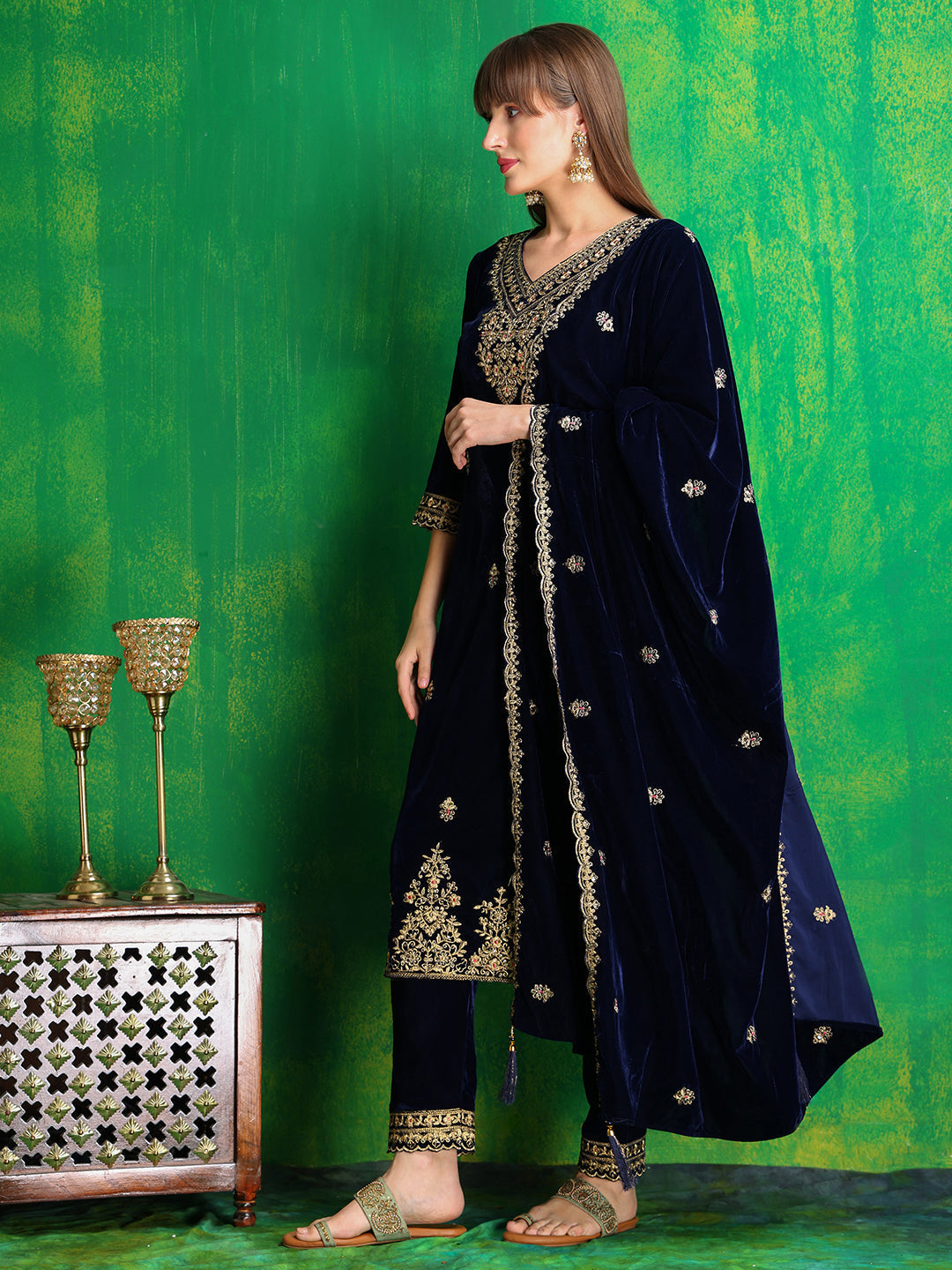 Velvet Embroidered Kurta With Pant & Embroidered Velvet Dupatta, Navy Blue - Hiral Fashion | Grocsy
