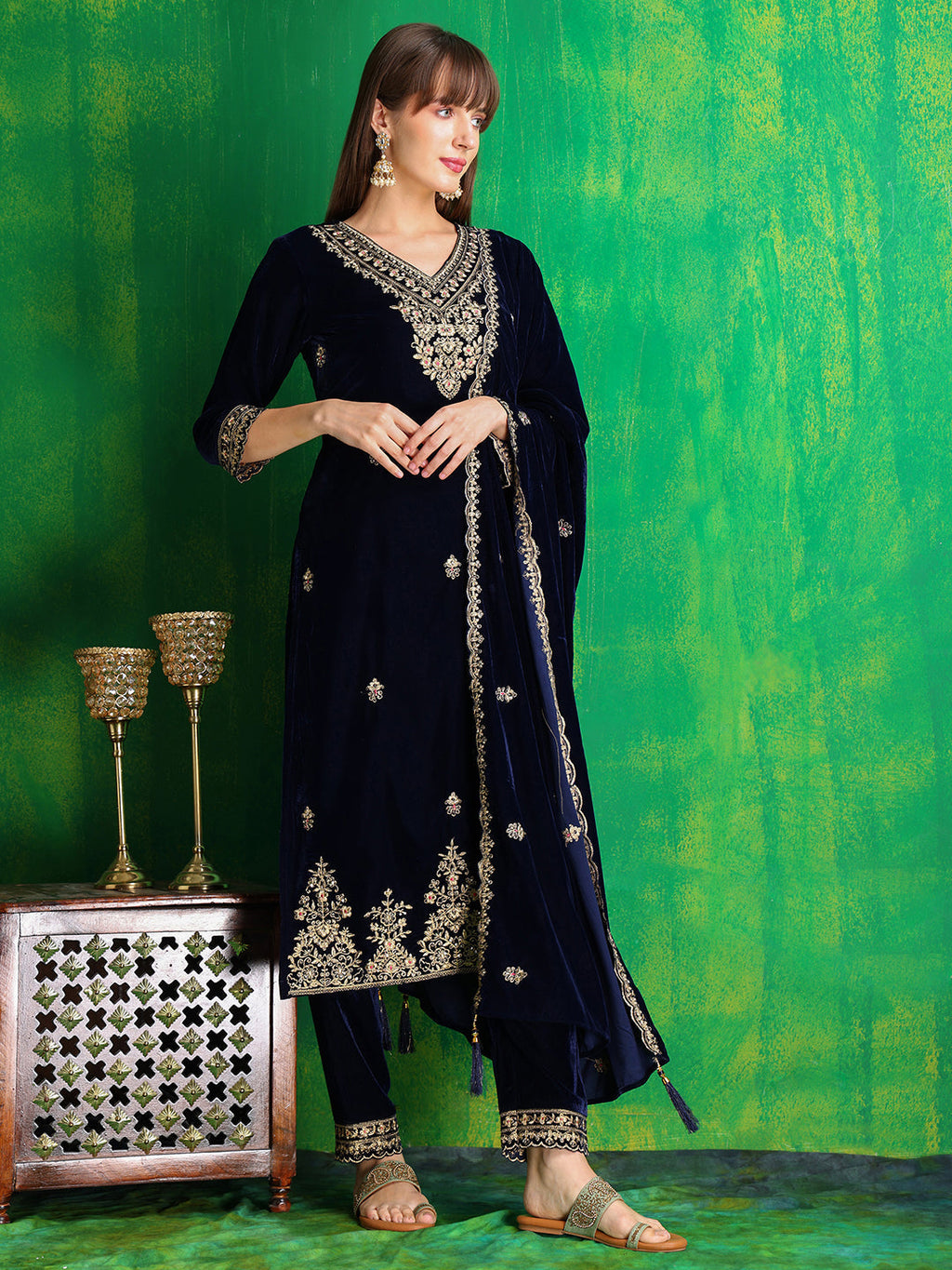 Velvet Embroidered Kurta With Pant & Embroidered Velvet Dupatta, Navy Blue - Hiral Fashion | Grocsy