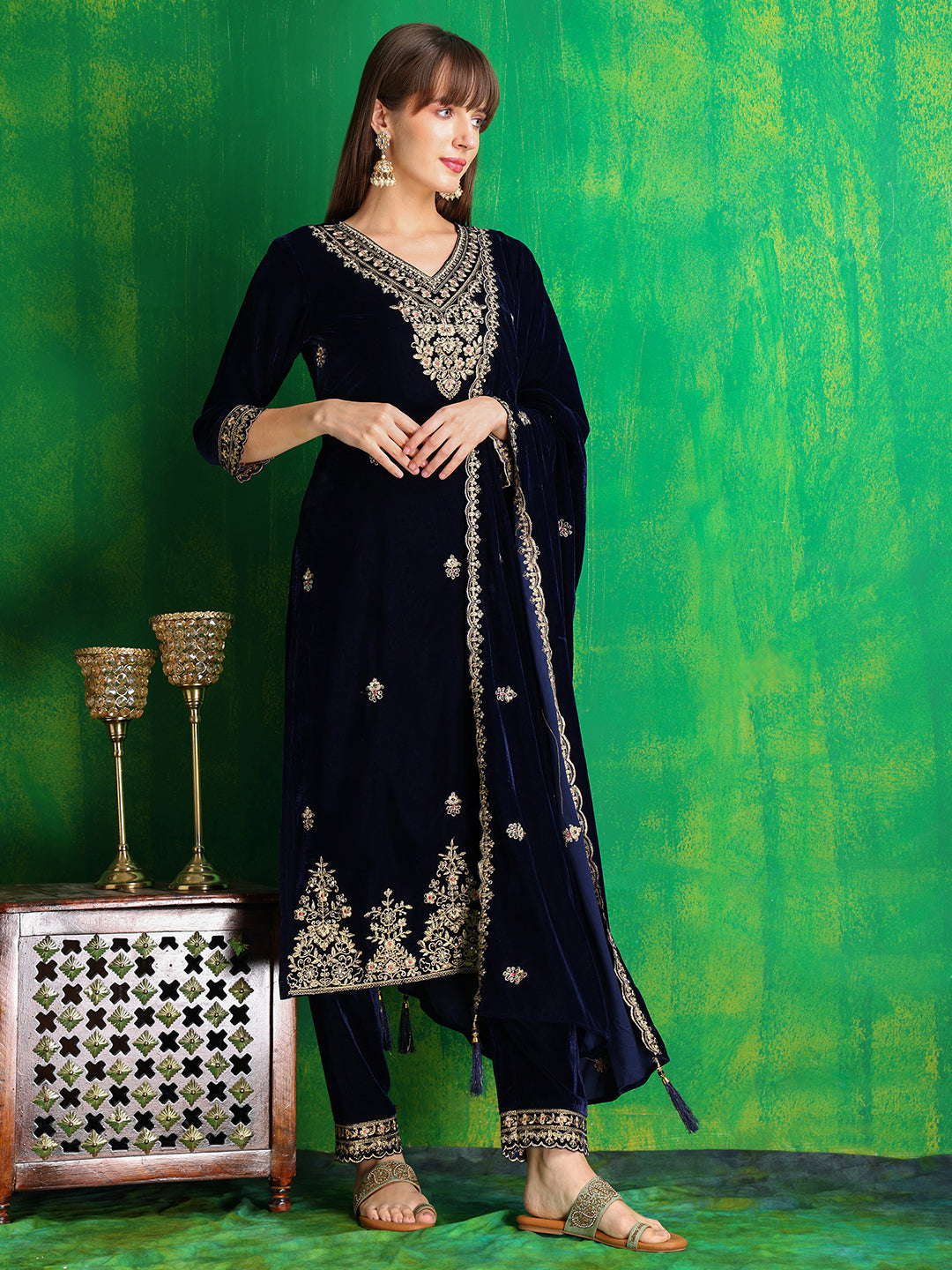 Velvet Embroidered Kurta With Pant & Embroidered Velvet Dupatta, Navy Blue - Hiral Fashion | Grocsy