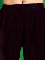 Velvet Embroidered Kurta With Pant & Embroidered Velvet Dupatta, Wine - Hiral Fashion | Grocsy