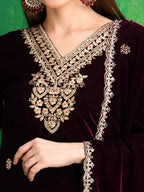 Velvet Embroidered Kurta With Pant & Embroidered Velvet Dupatta, Wine - Hiral Fashion | Grocsy