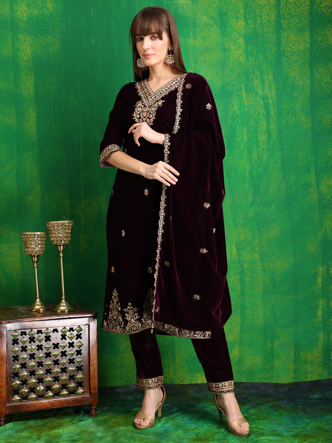 Velvet Embroidered Kurta With Pant & Embroidered Velvet Dupatta, Wine - Hiral Fashion | Grocsy