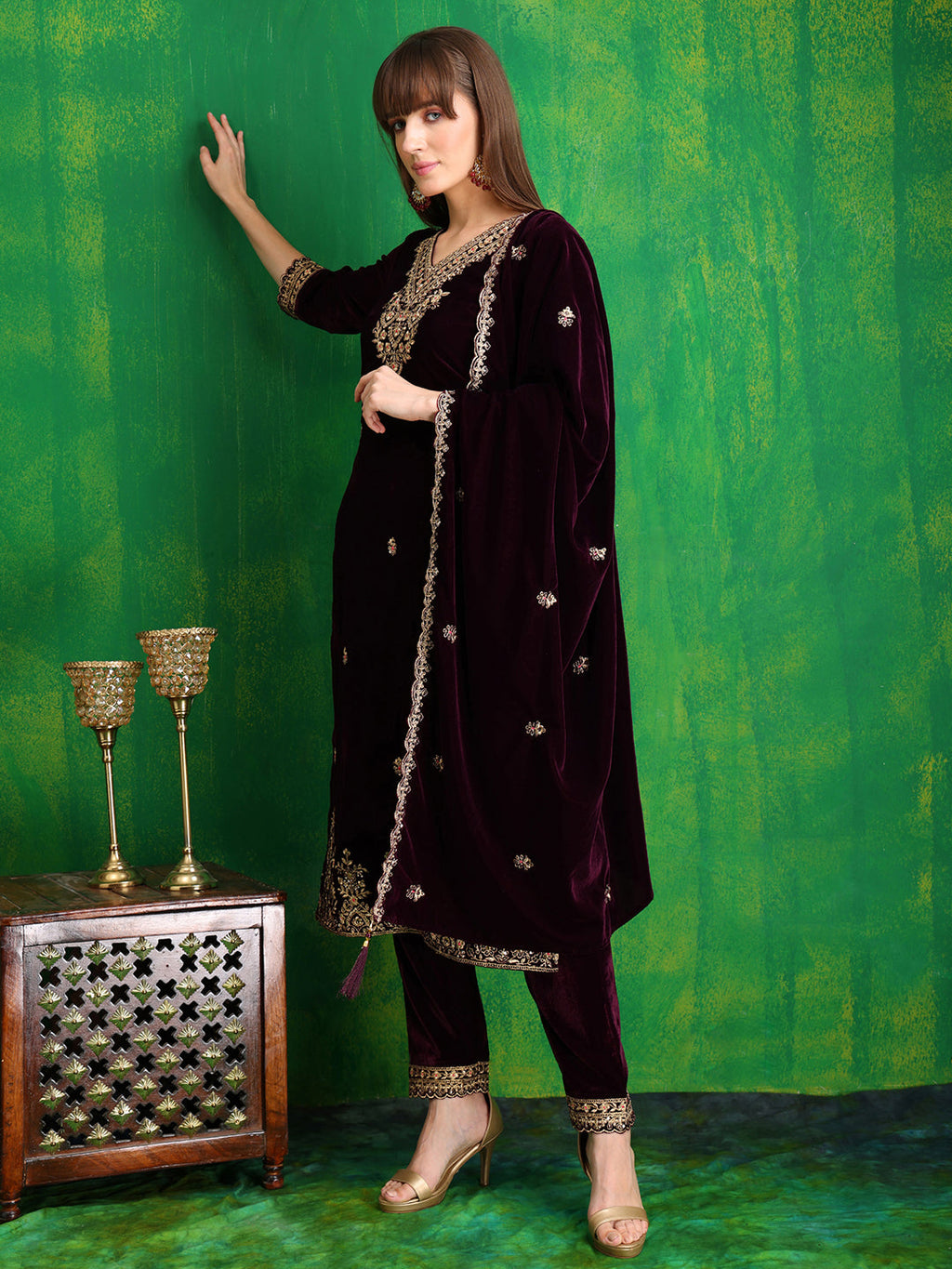 Velvet Embroidered Kurta With Pant & Embroidered Velvet Dupatta, Wine - Hiral Fashion | Grocsy