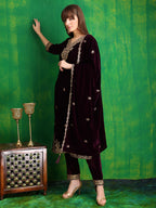 Velvet Embroidered Kurta With Pant & Embroidered Velvet Dupatta, Wine - Hiral Fashion | Grocsy