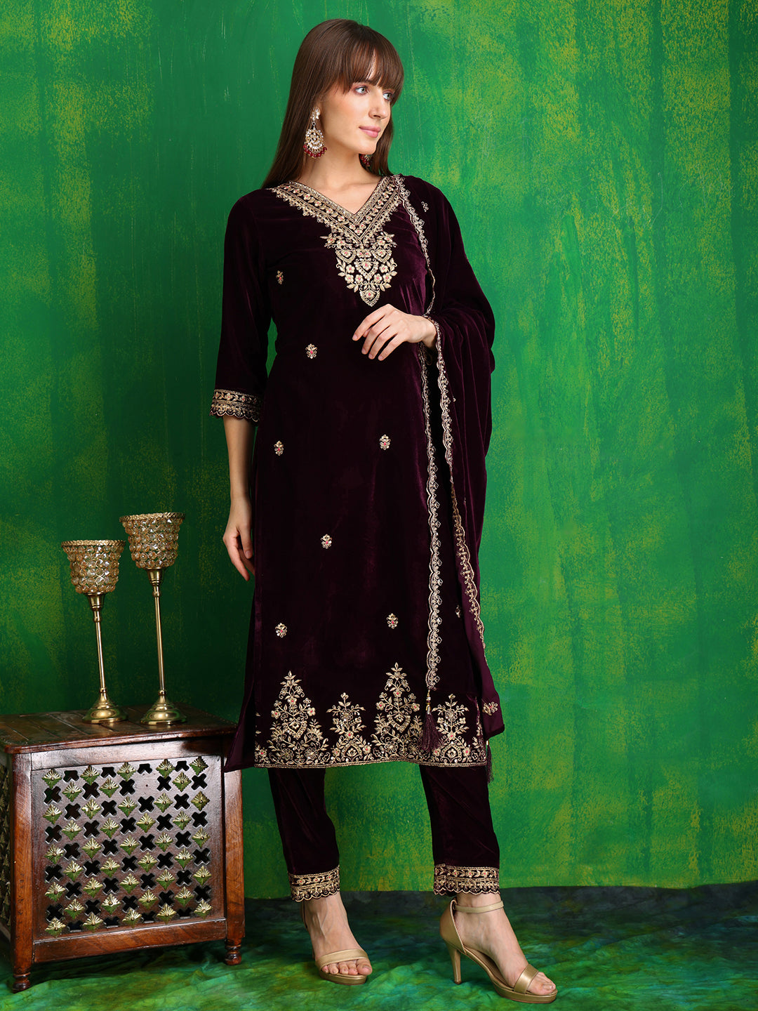 Velvet Embroidered Kurta With Pant & Embroidered Velvet Dupatta, Wine - Hiral Fashion | Grocsy
