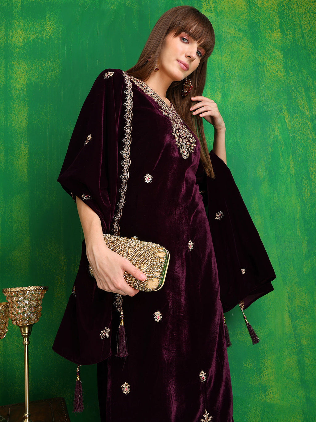 Velvet Embroidered Kurta With Pant & Embroidered Velvet Dupatta, Wine - Hiral Fashion | Grocsy