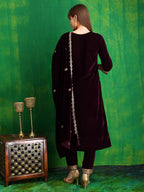 Velvet Embroidered Kurta With Pant & Embroidered Velvet Dupatta, Wine - Hiral Fashion | Grocsy
