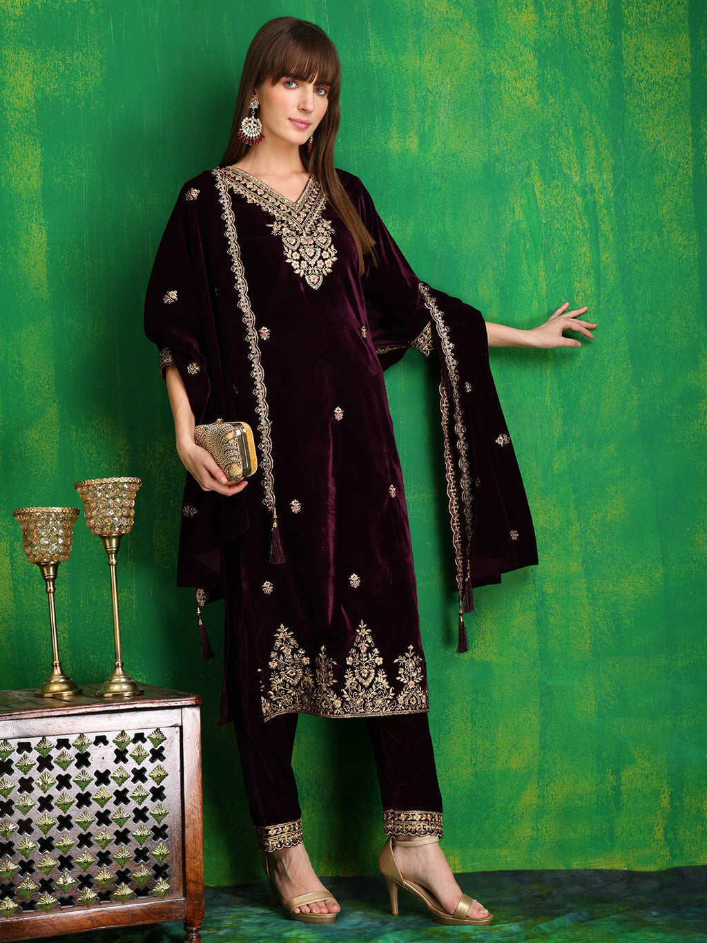 Velvet Embroidered Kurta With Pant & Embroidered Velvet Dupatta, Wine - Hiral Fashion | Grocsy