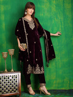 Velvet Embroidered Kurta With Pant & Embroidered Velvet Dupatta, Wine - Hiral Fashion | Grocsy