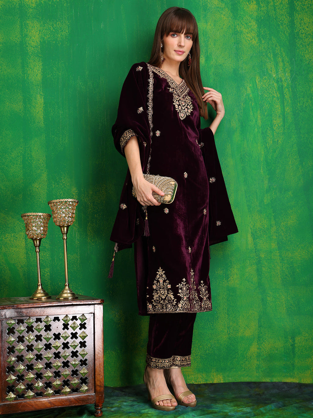 Velvet Embroidered Kurta With Pant & Embroidered Velvet Dupatta, Wine - Hiral Fashion | Grocsy