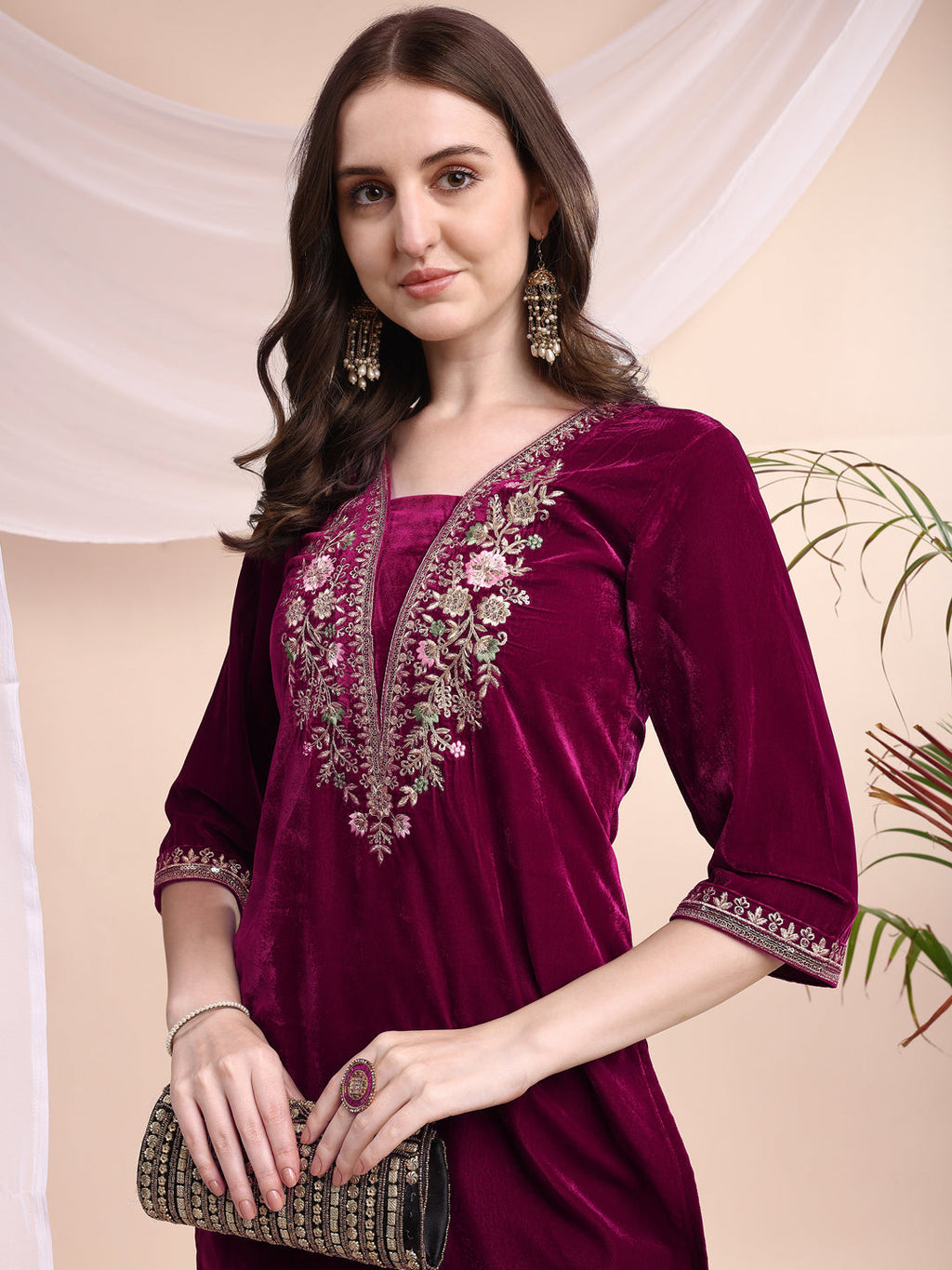 Embroidered Velvet Co-Ords, Pink - Hiral Fashion | Grocsy