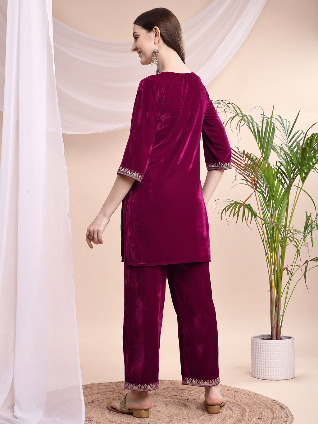 Embroidered Velvet Co-Ords, Pink - Hiral Fashion | Grocsy