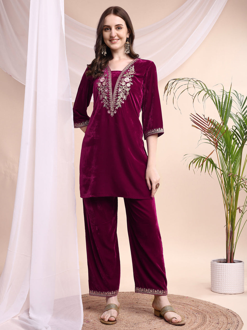 Embroidered Velvet Co-Ords, Pink - Hiral Fashion | Grocsy