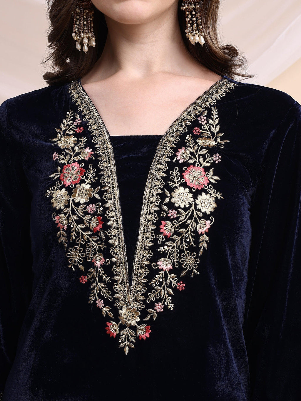 Embroidered Velvet Co-Ords, Navy Blue - Hiral Fashion | Grocsy