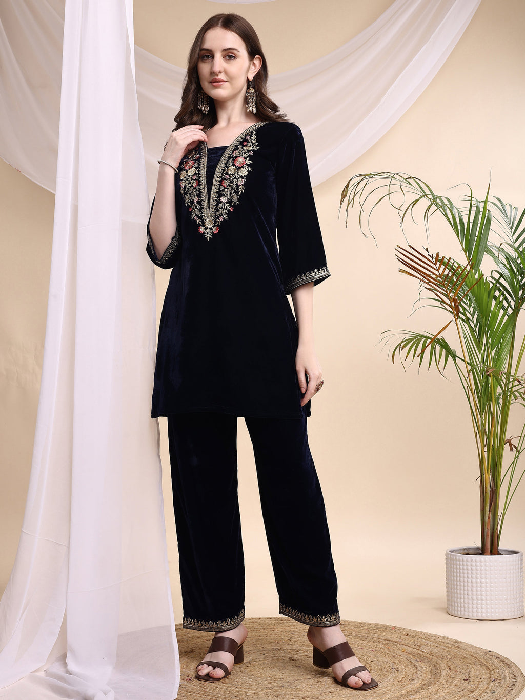 Embroidered Velvet Co-Ords, Navy Blue - Hiral Fashion | Grocsy