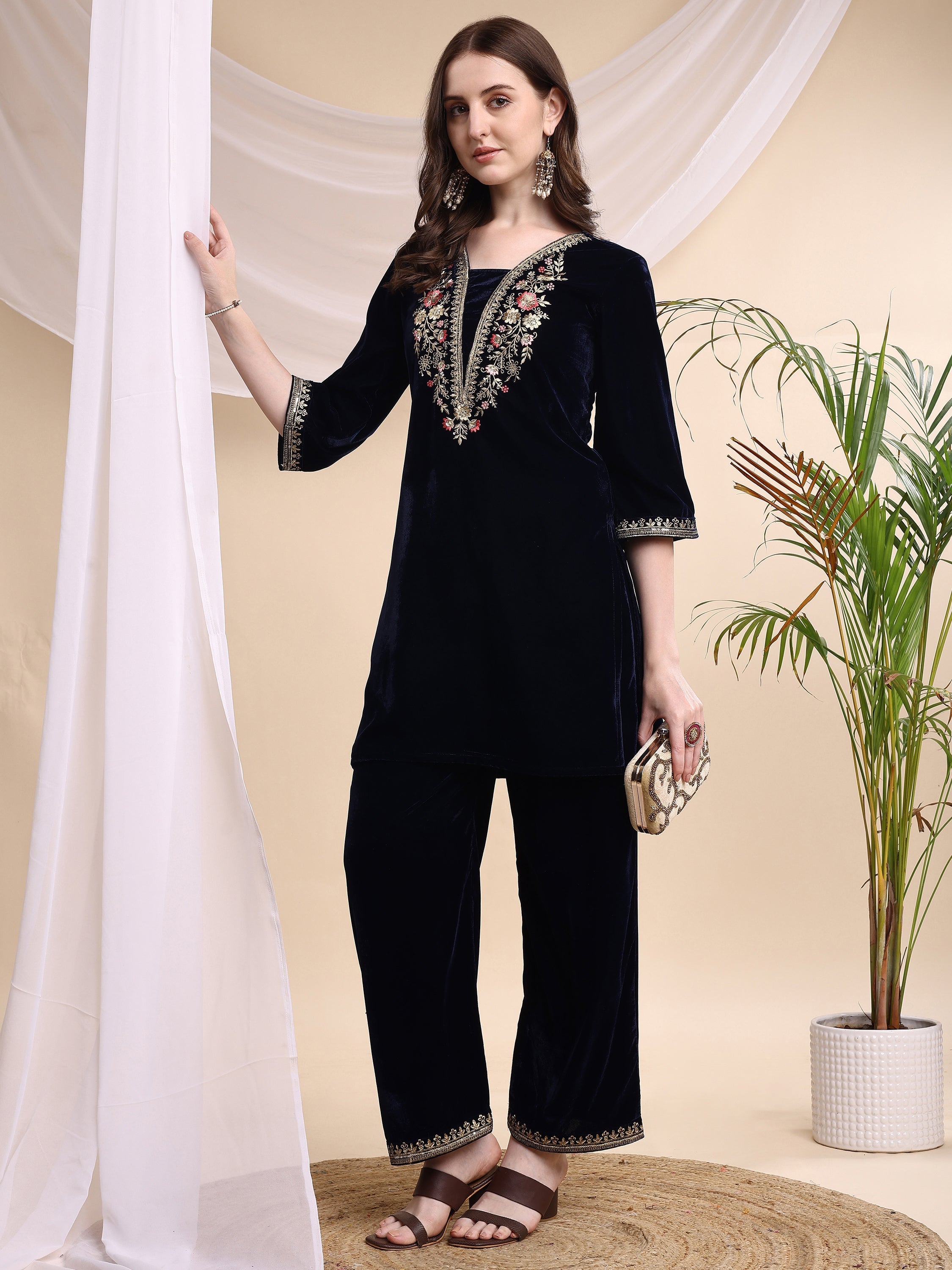 Embroidered Velvet Co-Ords, Navy Blue - Hiral Fashion | Grocsy