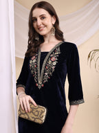 Embroidered Velvet Co-Ords, Navy Blue - Hiral Fashion | Grocsy