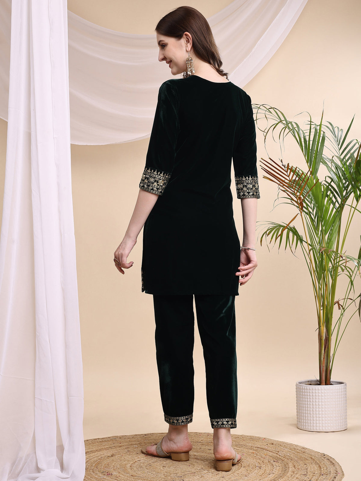 Embroidered Velvet Co-Ords, Bottle-Green - Hiral Fashion | Grocsy