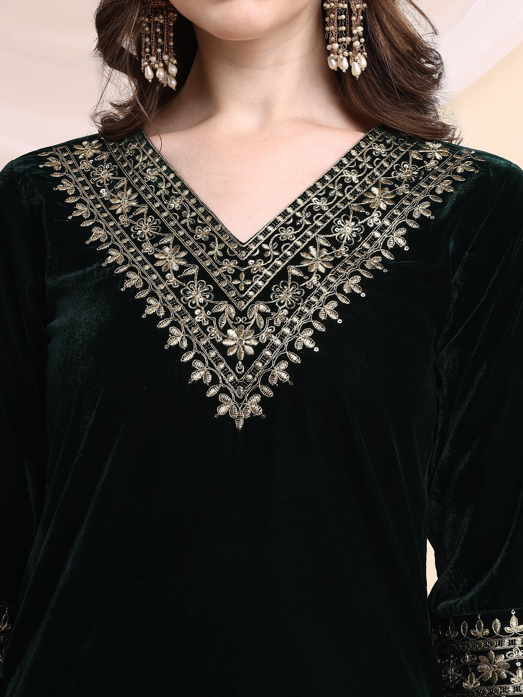 Embroidered Velvet Co-Ords, Bottle-Green - Hiral Fashion | Grocsy