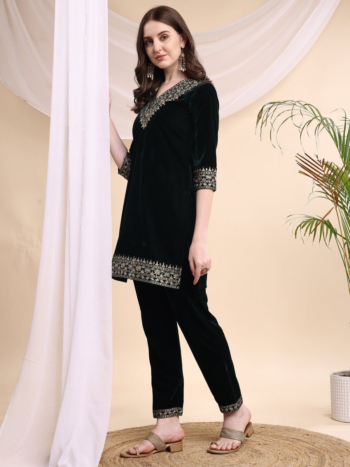 Embroidered Velvet Co-Ords, Bottle-Green - Hiral Fashion | Grocsy