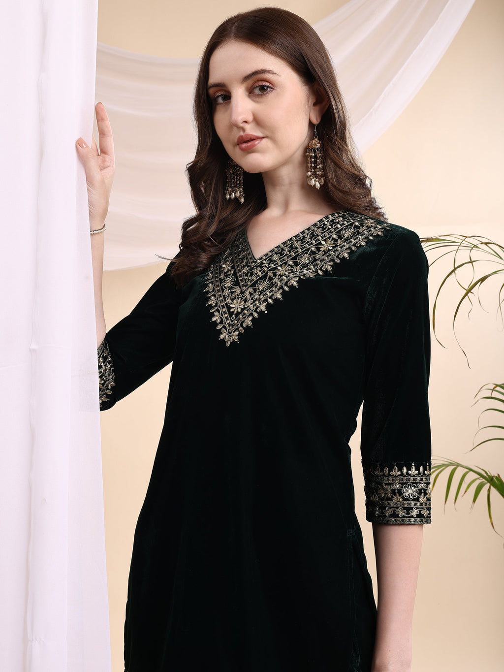 Embroidered Velvet Co-Ords, Bottle-Green - Hiral Fashion | Grocsy