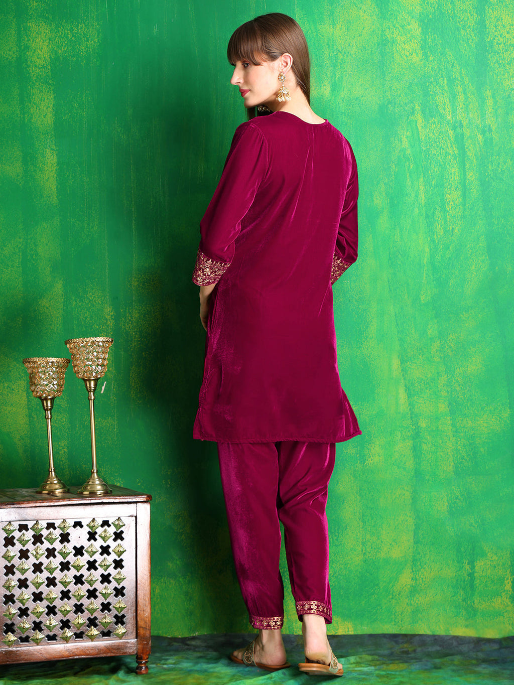 Embroidered Velvet Co-Ords, Pink - Hiral Fashion | Grocsy