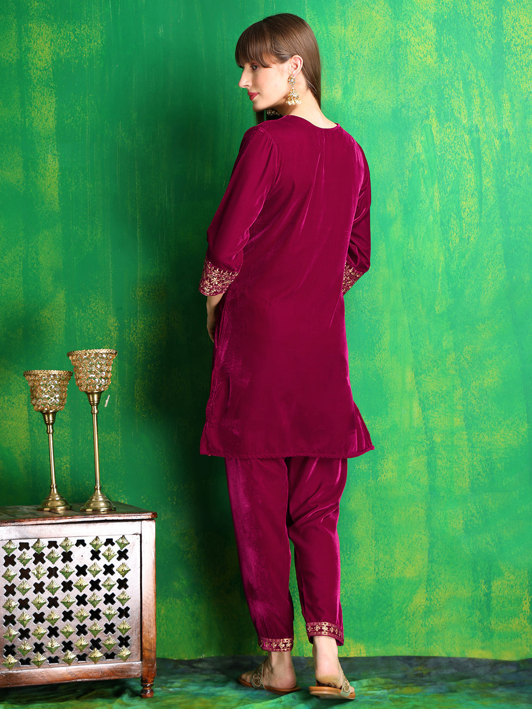 Embroidered Velvet Co-Ords, Pink - Hiral Fashion | Grocsy