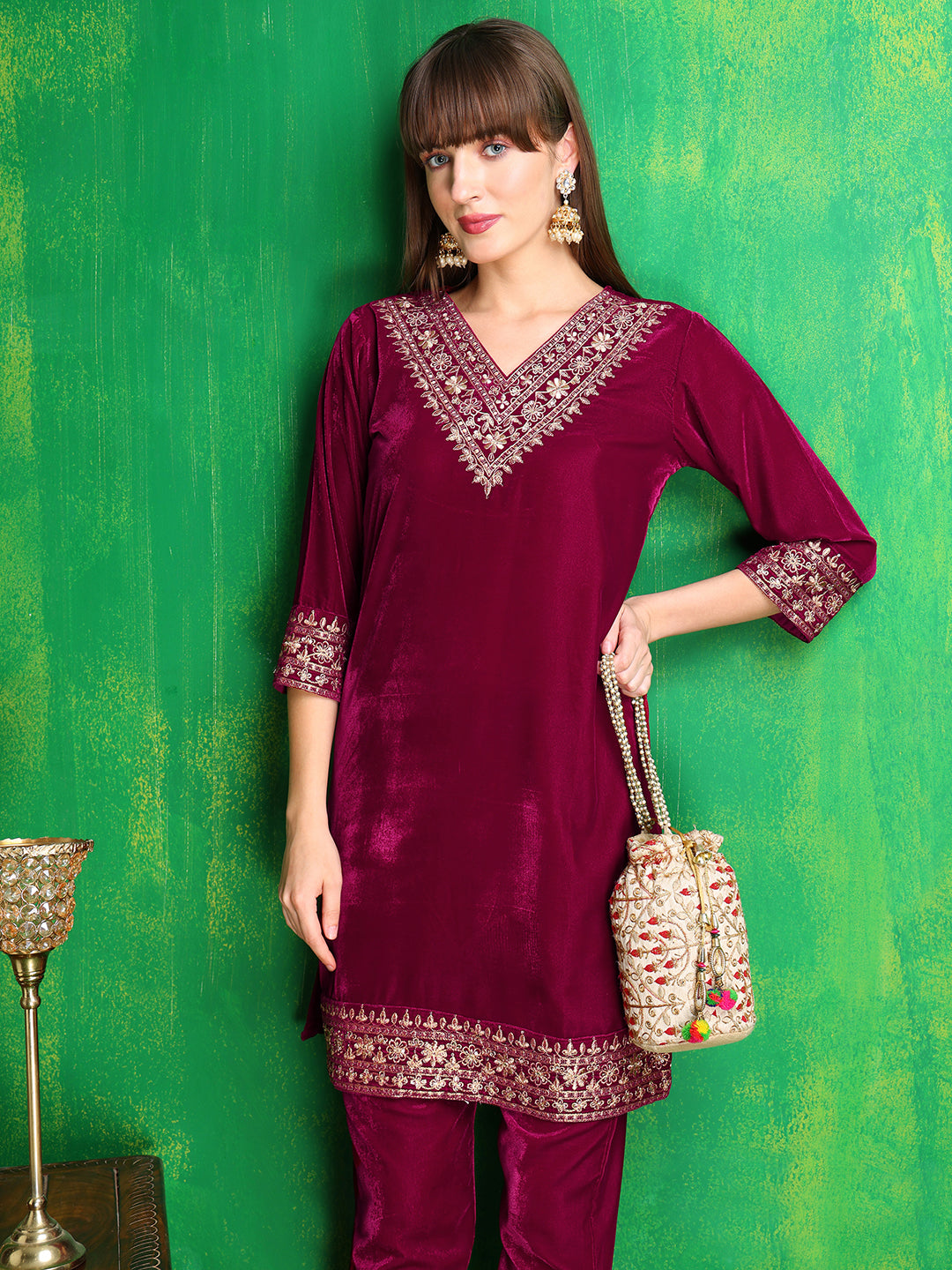 Embroidered Velvet Co-Ords, Pink - Hiral Fashion | Grocsy
