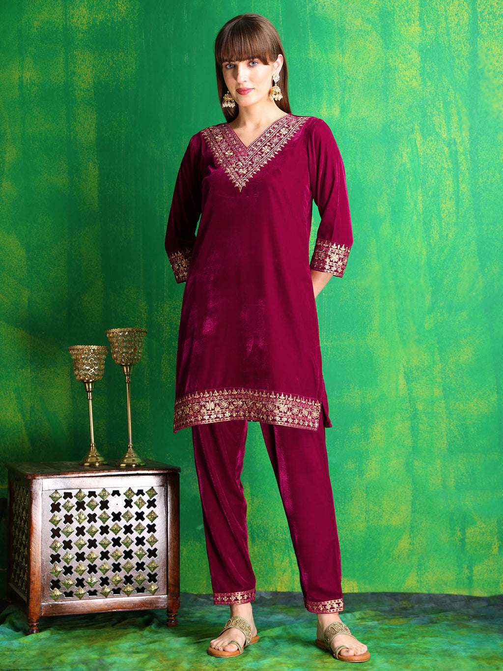 Embroidered Velvet Co-Ords, Pink - Hiral Fashion | Grocsy