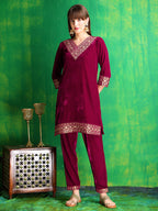Embroidered Velvet Co-Ords, Pink - Hiral Fashion | Grocsy