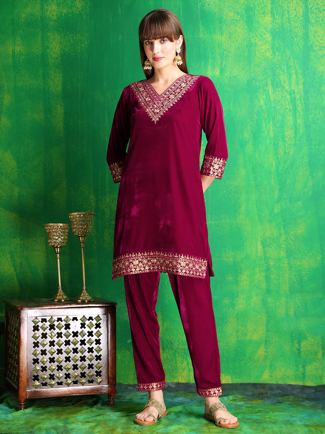 Embroidered Velvet Co-Ords, Pink - Hiral Fashion | Grocsy
