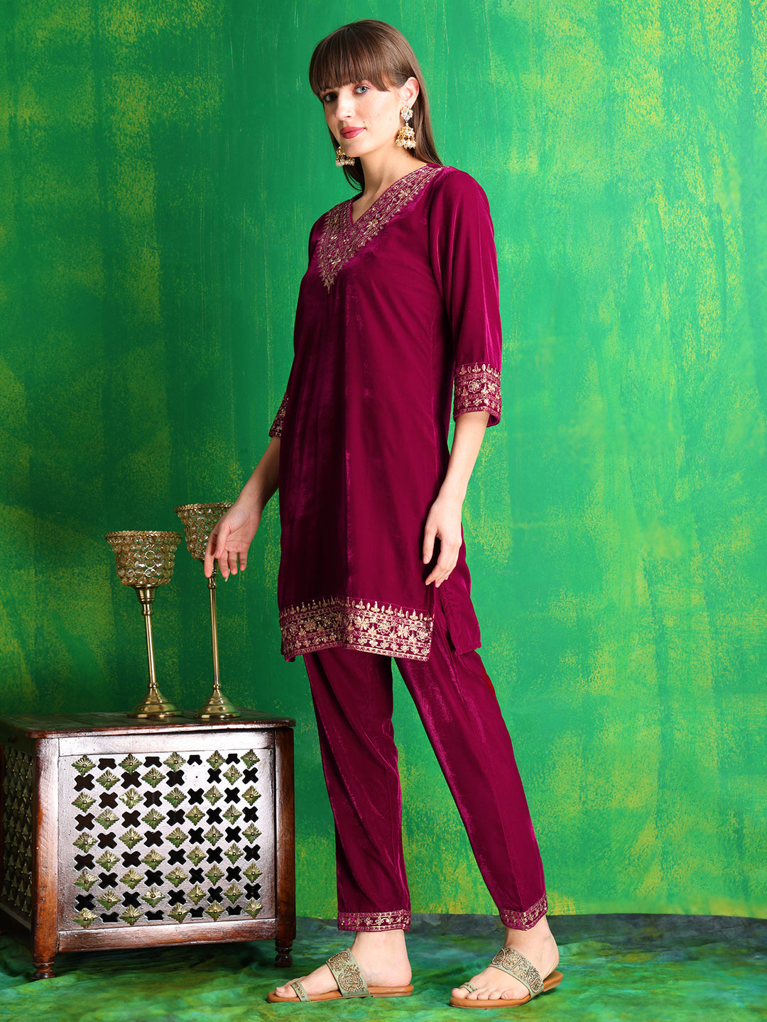Embroidered Velvet Co-Ords, Pink - Hiral Fashion | Grocsy