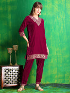 Embroidered Velvet Co-Ords, Pink - Hiral Fashion | Grocsy