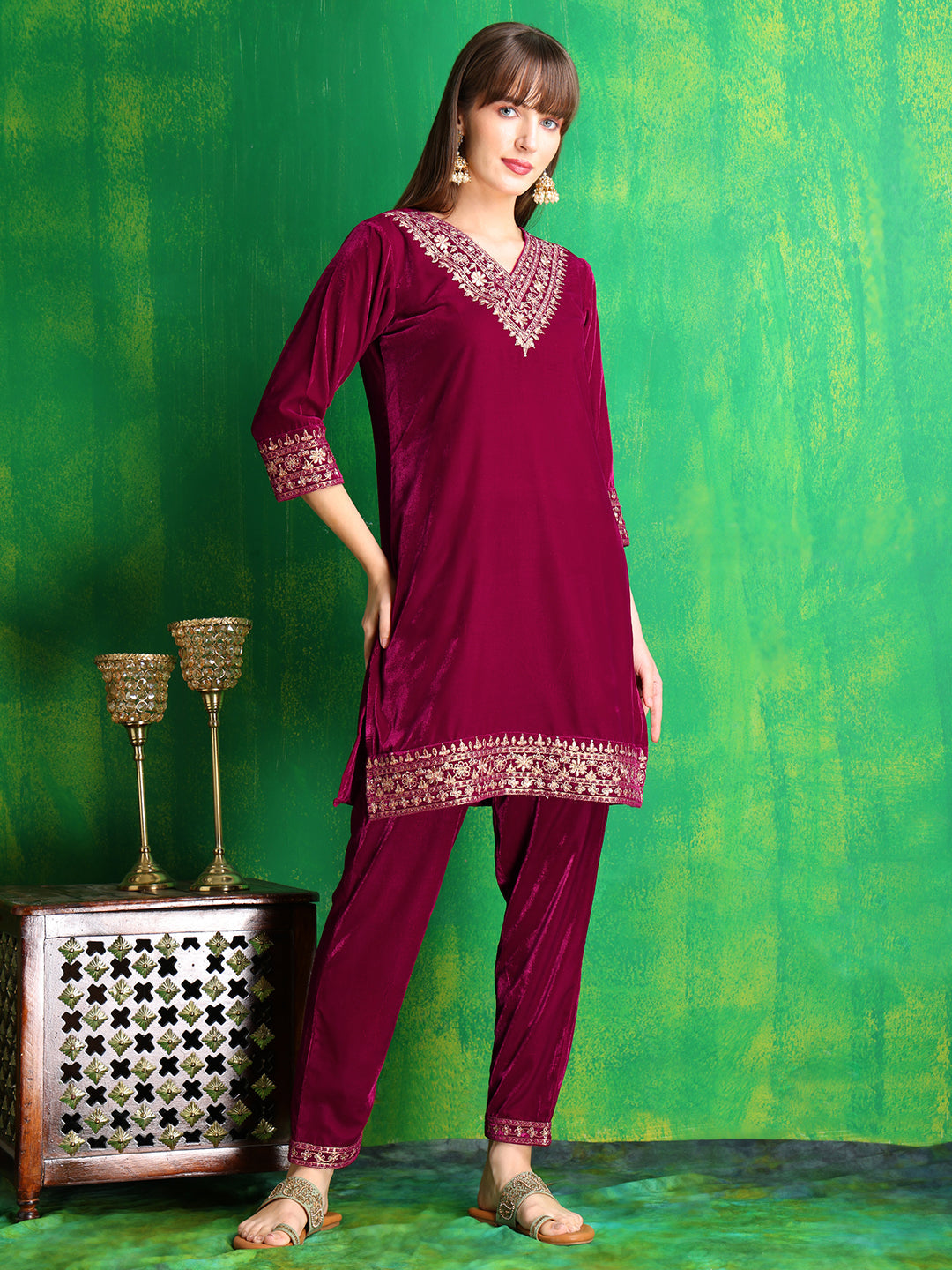 Embroidered Velvet Co-Ords, Pink - Hiral Fashion | Grocsy