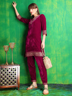 Embroidered Velvet Co-Ords, Pink - Hiral Fashion | Grocsy