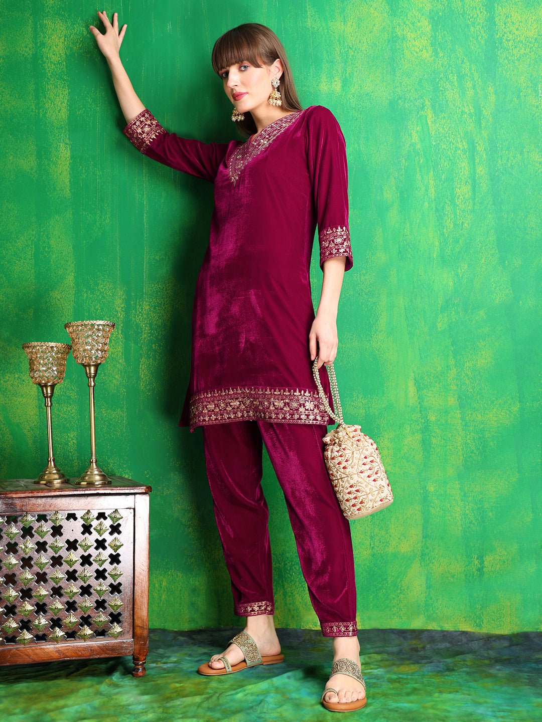 Embroidered Velvet Co-Ords, Pink - Hiral Fashion | Grocsy
