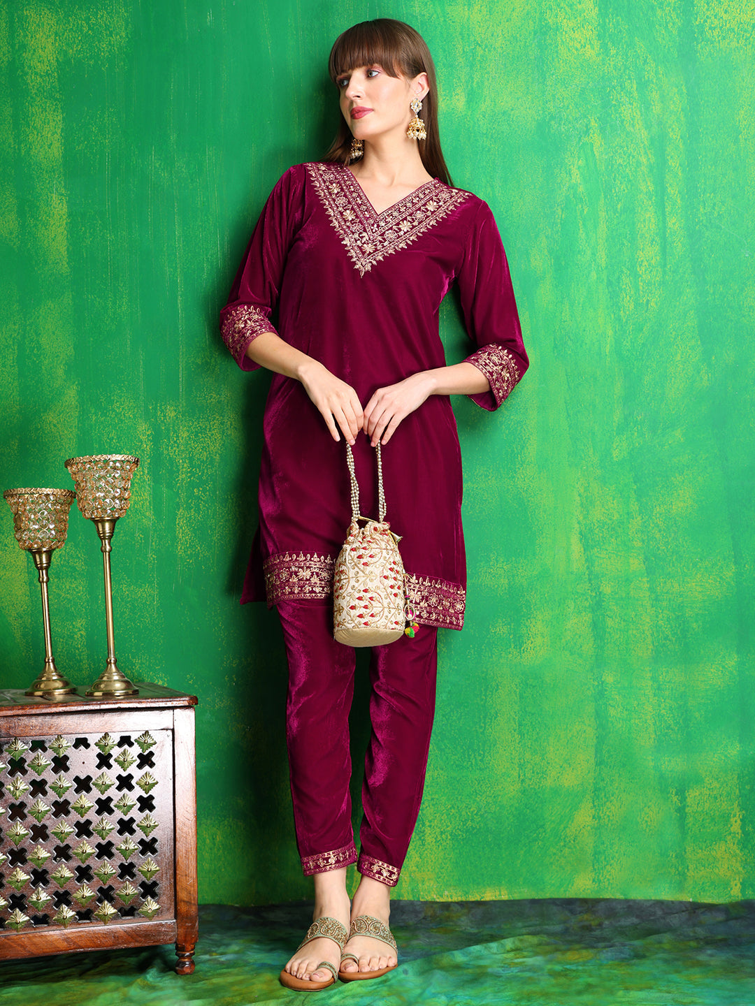 Embroidered Velvet Co-Ords, Pink - Hiral Fashion | Grocsy