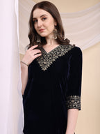 Embroidered Velvet Co-Ords, Navy Blue - Hiral Fashion | Grocsy