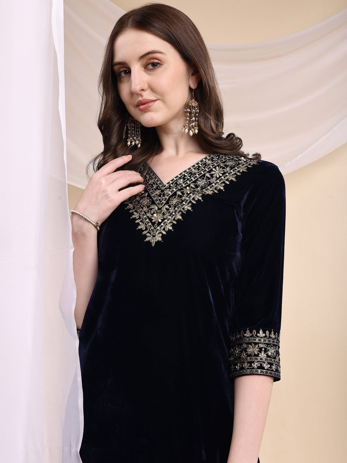 Embroidered Velvet Co-Ords, Navy Blue - Hiral Fashion | Grocsy