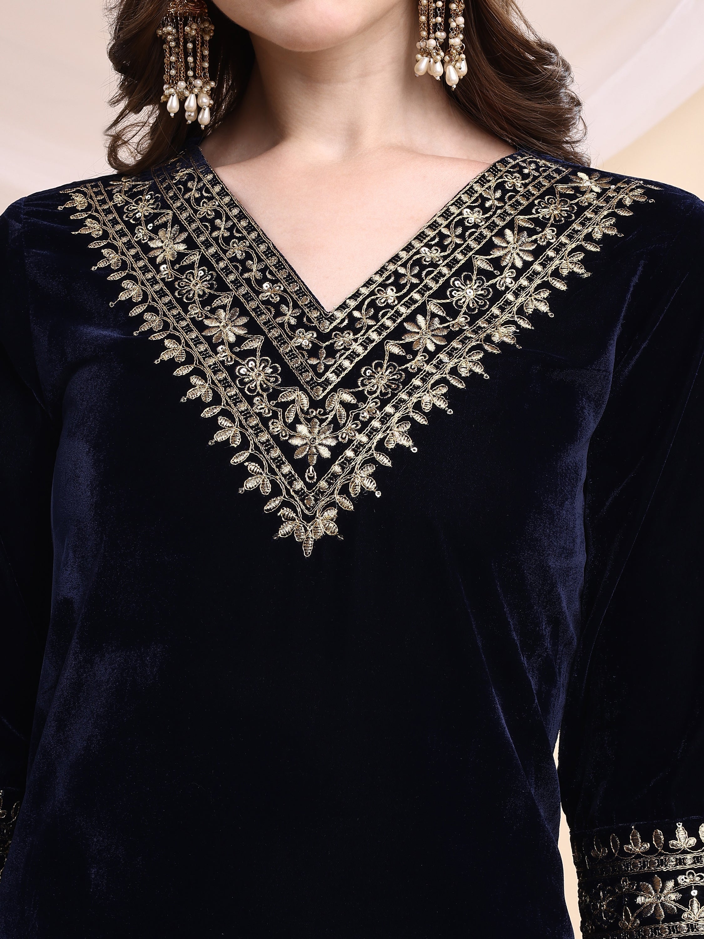 Embroidered Velvet Co-Ords, Navy Blue - Hiral Fashion | Grocsy